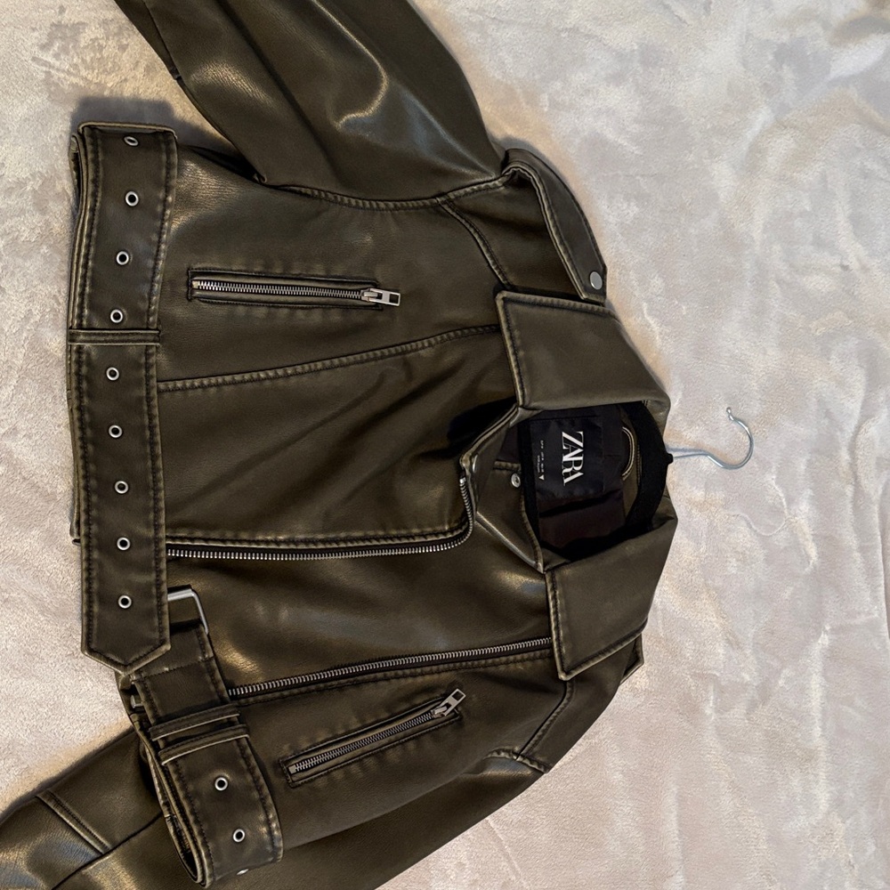 Zara Dark Khaki Leather Biker Jacket